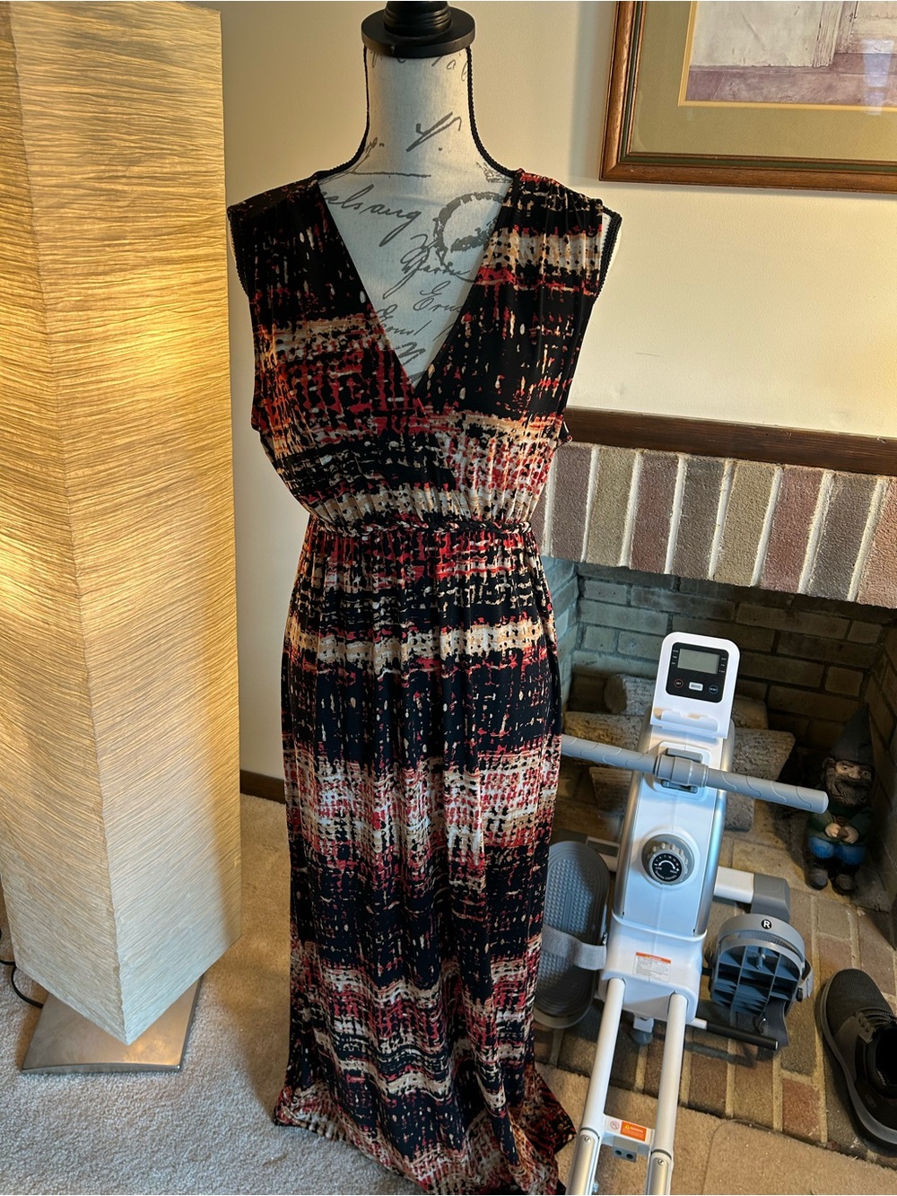 Chelsea & Theodore Black, Red and Cream Sleeveless V-Neck Maxi Dress